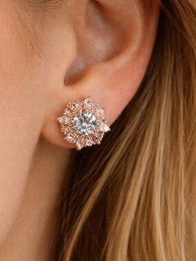 Rose Gold Crystal Floral Stud Earrings - Women Jewelry